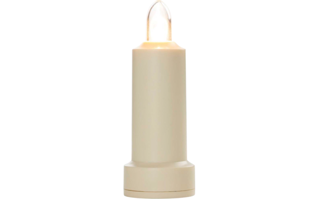 Ivoorkleurig cilindrisch lichaam met transparante, vlamvormige punt, staand op witte achtergrond