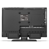 Achterzijde van een scherm op een voet met aansluitpaneel (HDMI, VIDEO, NETWORK), ventilatieopeningen, aansluitingen, productlabel en montagegaten