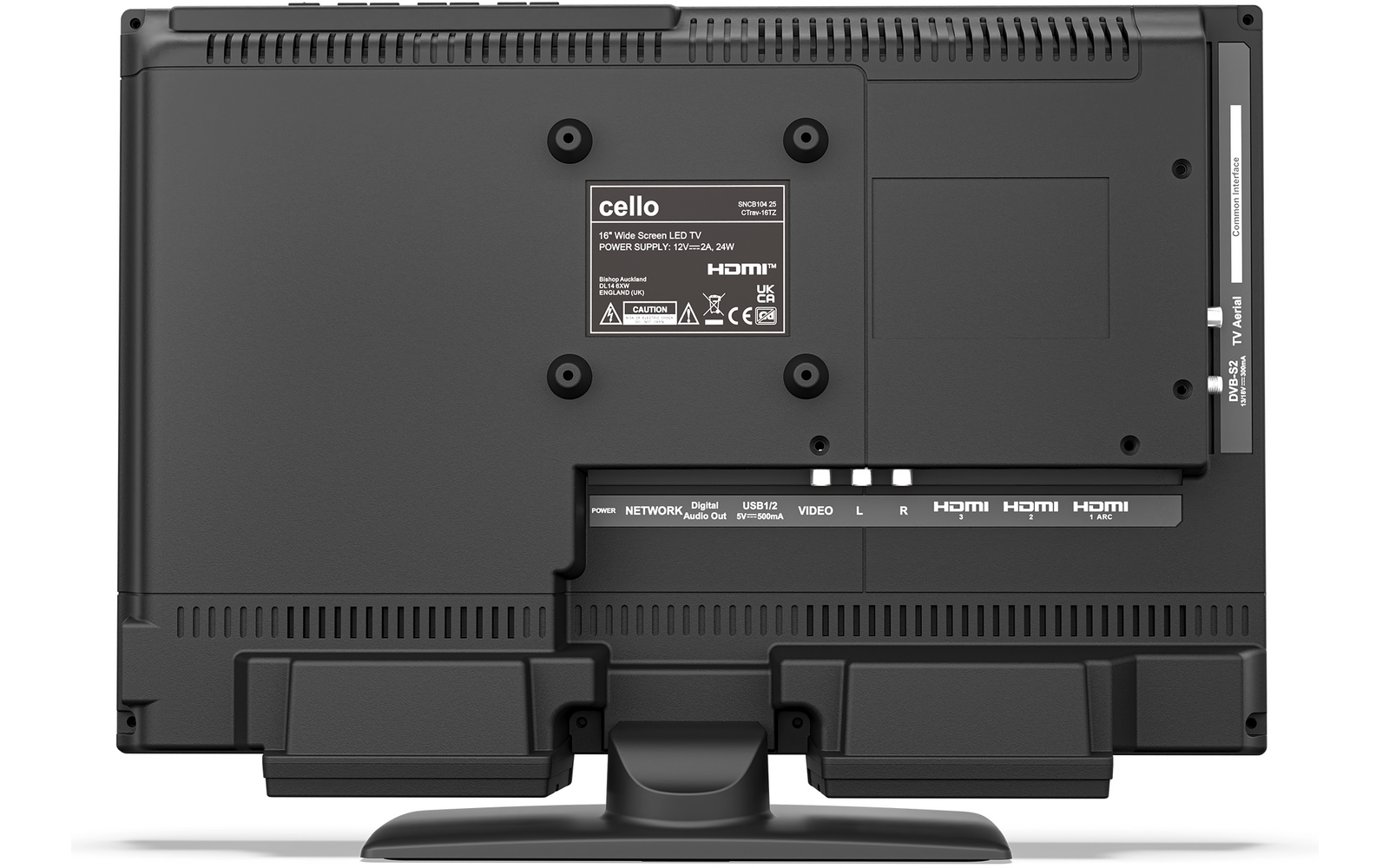 Achterzijde van een scherm op een voet met aansluitpaneel (HDMI, VIDEO, NETWORK), ventilatieopeningen, aansluitingen, productlabel en montagegaten