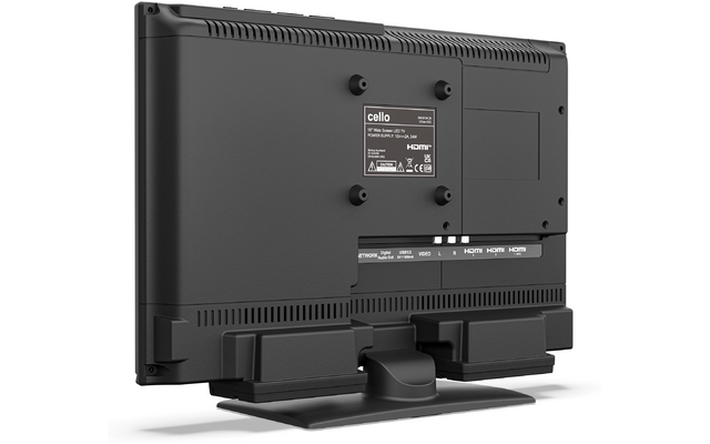 Achterzijde van een zwarte flatscreen op een standaard met ventilatieopeningen, een aansluitpaneel met meerdere HDMI-poorten en een fabrikantslabel "cello"