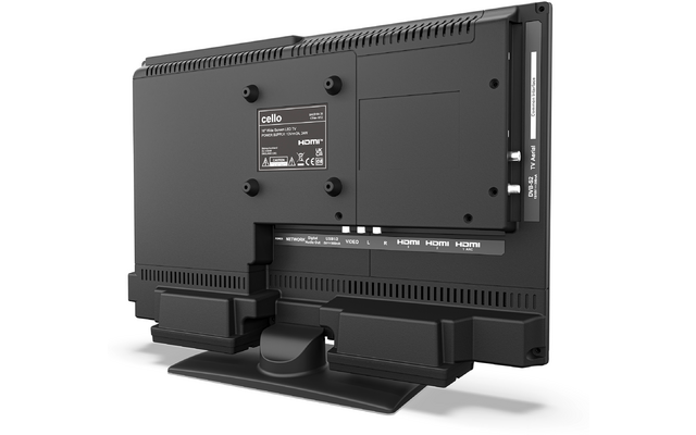 Achterzijde van een zwarte flatscreen-monitor met standaard, labels en meerdere HDMI-poorten