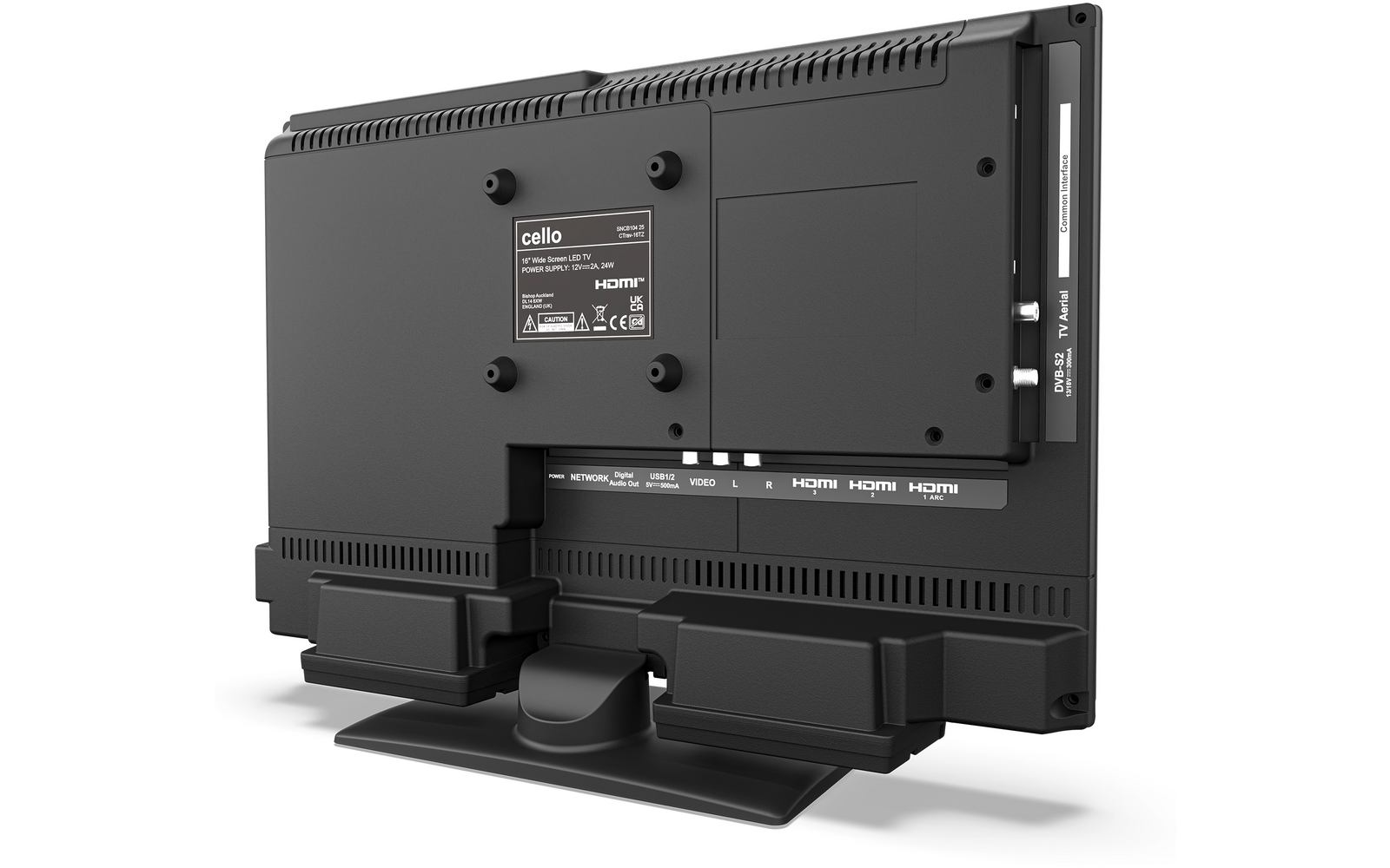 Achterzijde van een zwarte flatscreen-monitor met standaard, labels en meerdere HDMI-poorten