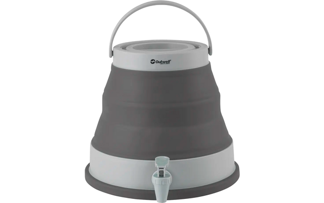 Récipient d'eau gris pliable avec couvercle blanc et robinet
