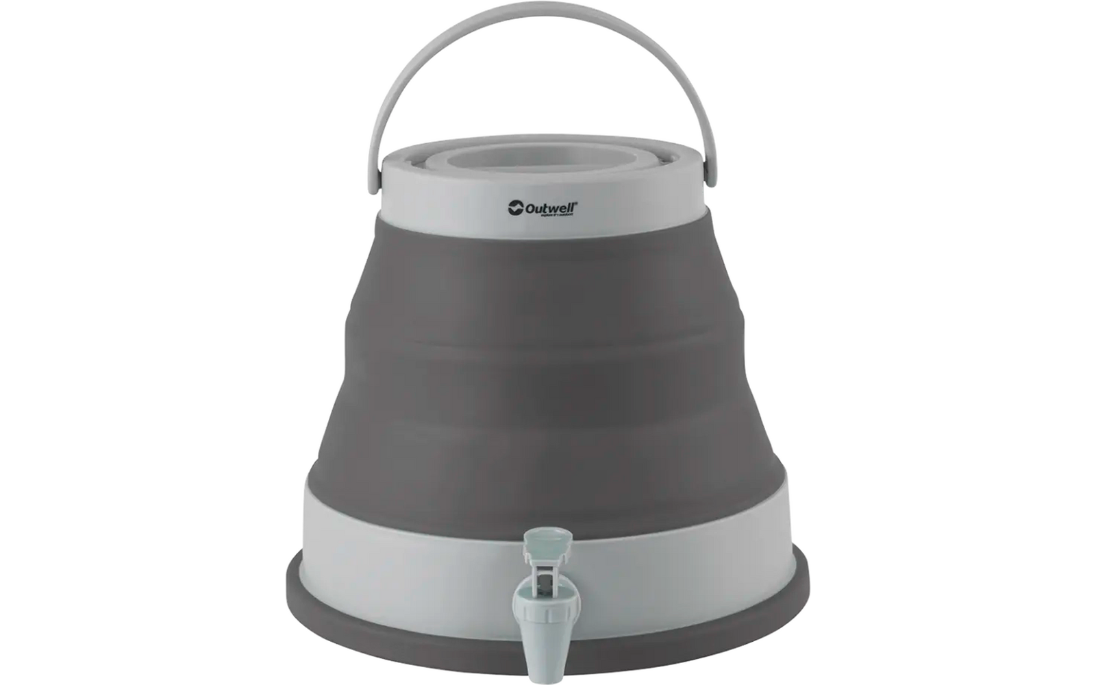 Récipient d'eau gris pliable avec couvercle blanc et robinet