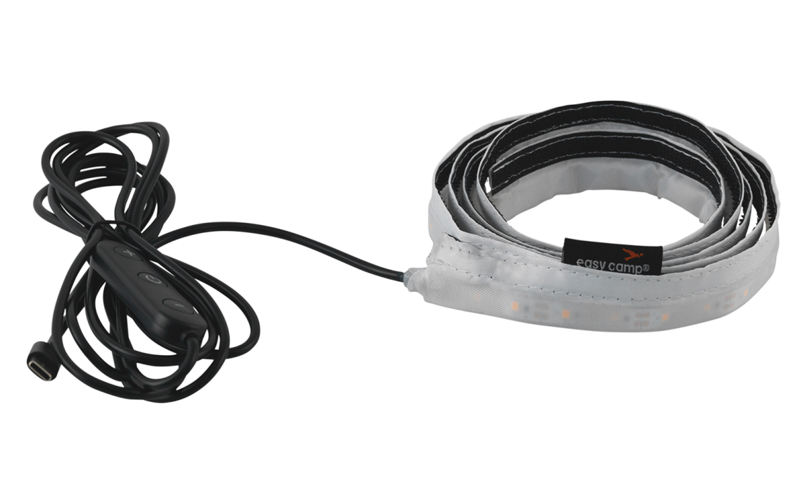 Aufgerolltes flexibles Band mit sichtbaren kleinen rechteckigen LED‑Elementen und einem daran befestigten schwarzen Kabel