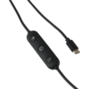 Schwarzes Kabel mit Inline-Bedienelement und USB-C-Stecker, drei Tasten mit +, Ein-/Aus-Symbol und -