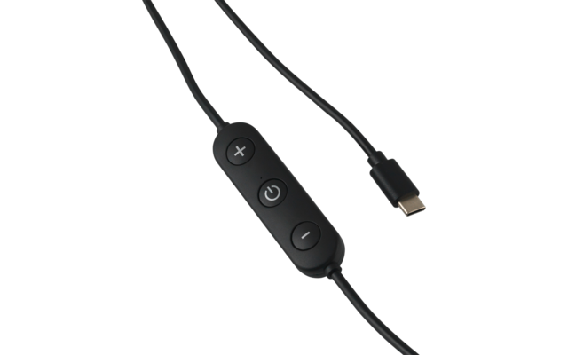 Schwarzes Kabel mit Inline-Bedienelement und USB-C-Stecker, drei Tasten mit +, Ein-/Aus-Symbol und -