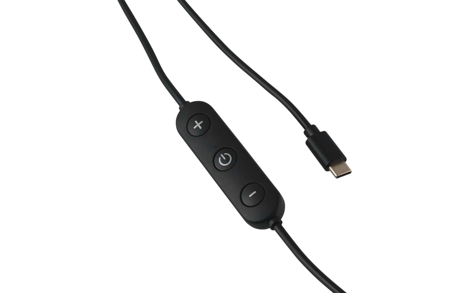 Schwarzes Kabel mit Inline-Bedienelement und USB-C-Stecker, drei Tasten mit +, Ein-/Aus-Symbol und -