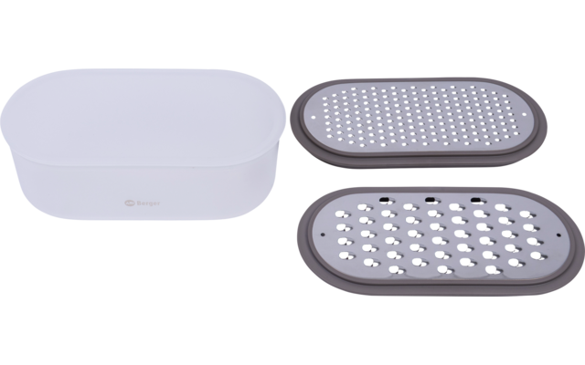 Recipiente de plástico blanco con forma rectangular y bordes redondeados a la izquierda; a la derecha dos insertos gris oscuro con superficies perforadas — arriba muchos agujeros redondos pequeños, abajo aberturas redondas y ovales más grandes con placa metálica