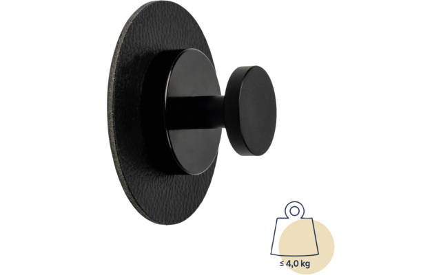Zwarte wandhaak met ronde basis en knop, 3M-logo linksboven, gewichtslimiet 4 kg rechtsonder