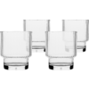 Four clear drinking glasses with vertical ridges on a white background