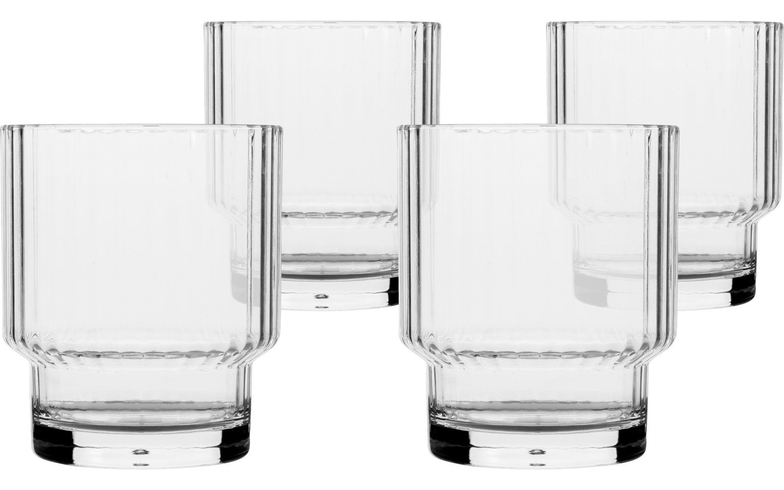 Four clear drinking glasses with vertical ridges on a white background