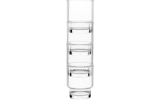 Four clear cylindrical glasses stacked on top of each other