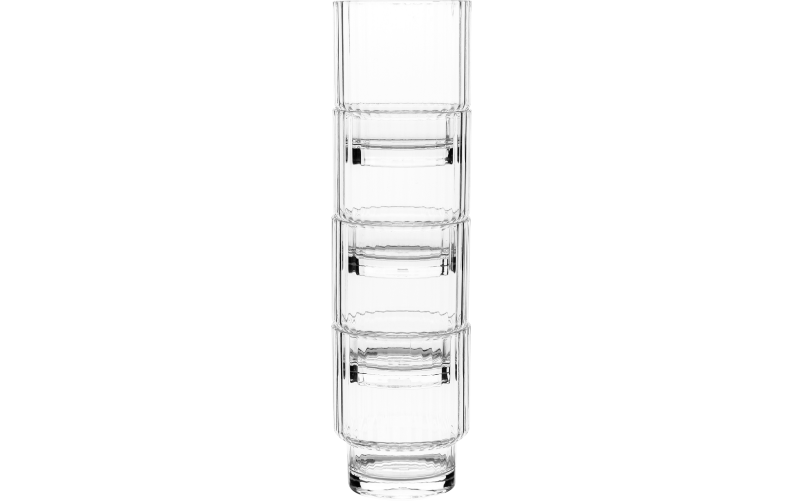 Four clear cylindrical glasses stacked on top of each other