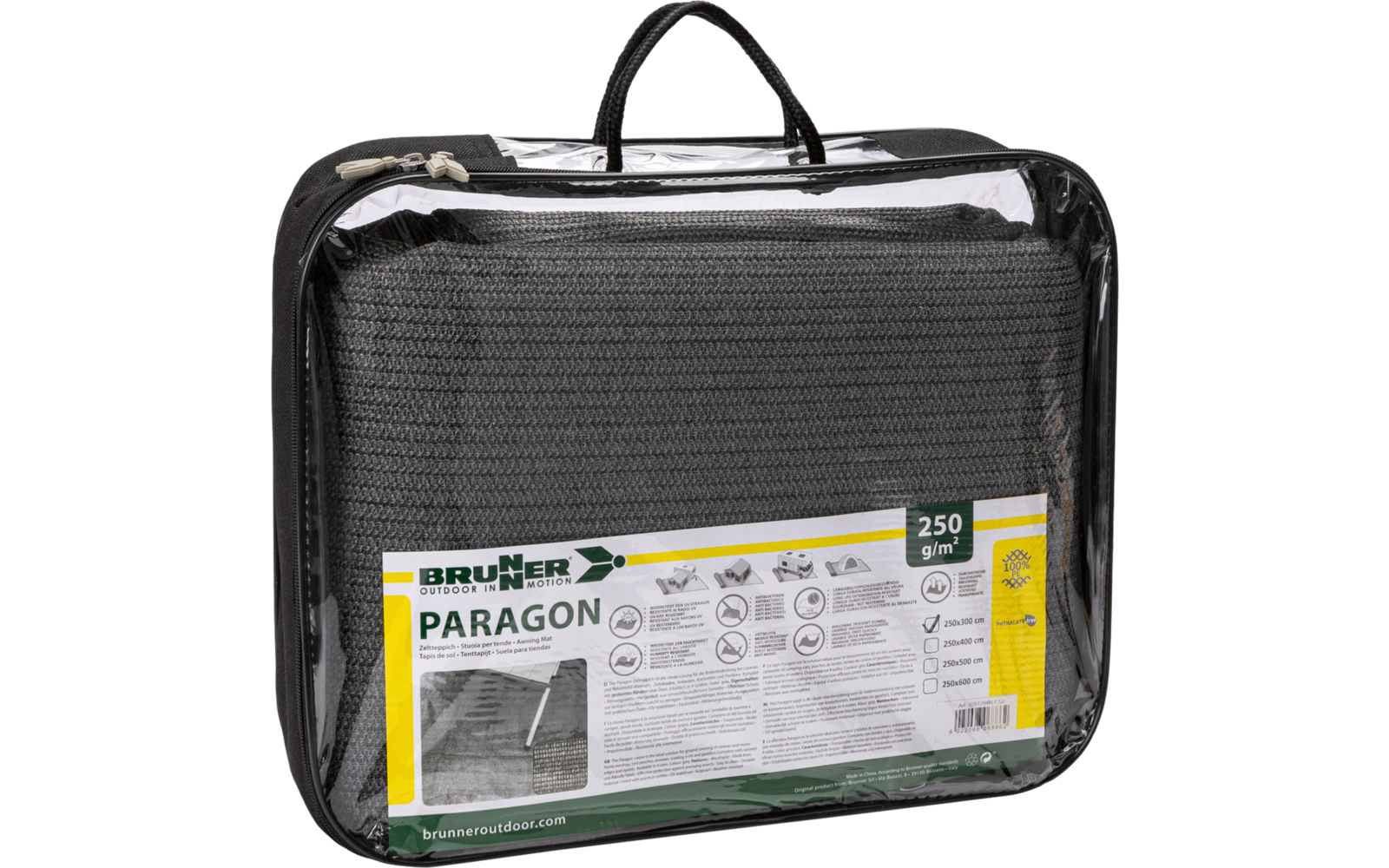 Verpackte schwarze Bodenmatte in einer transparenten Tasche mit Tragegriff