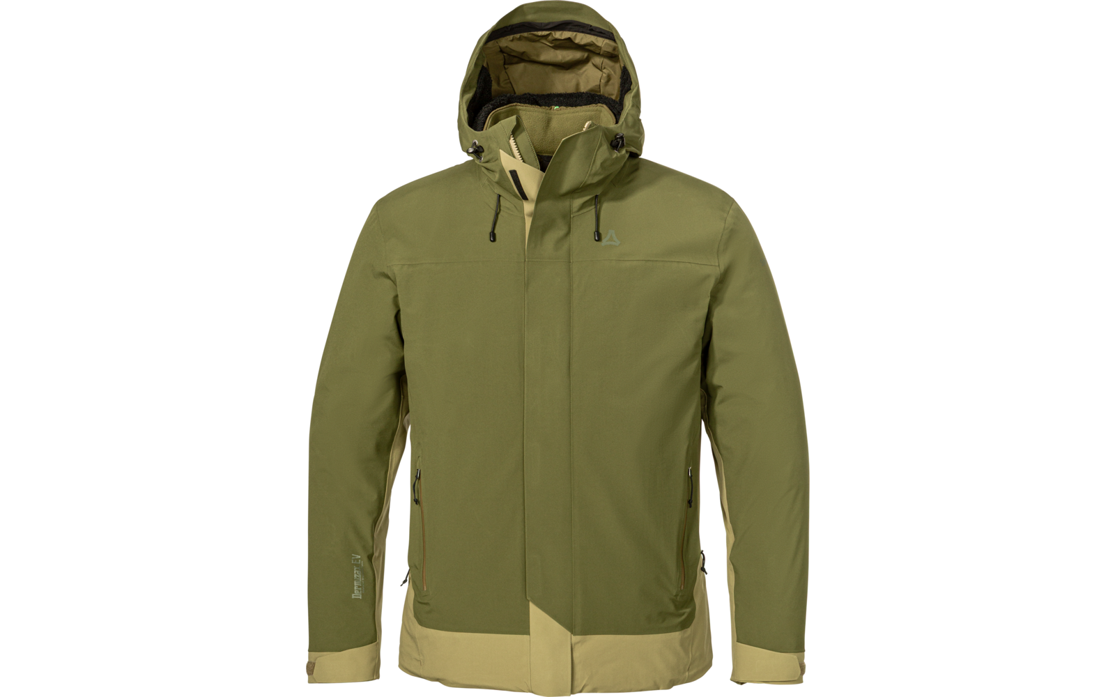 Veste à capuche vert olive avec fermeture éclair frontale intégrale, deux poches latérales zippées et bas et poignets de couleur plus claire, sur fond blanc