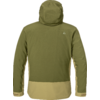 Vue de dos d'une veste à capuche vert olive avec ourlet et poignets beige clair, petit logo en haut à droite du dos