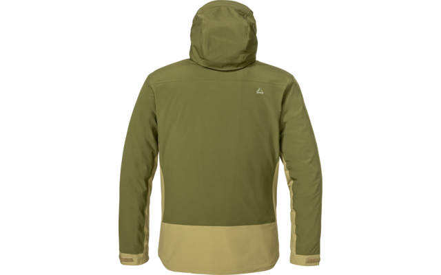Vue de dos d'une veste à capuche vert olive avec ourlet et poignets beige clair, petit logo en haut à droite du dos