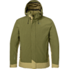 Veste à capuche vert olive avec fermeture éclair frontale intégrale, deux poches latérales zippées et bas et poignets de couleur plus claire, sur fond blanc