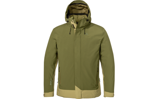 Veste à capuche vert olive avec fermeture éclair frontale intégrale, deux poches latérales zippées et bas et poignets de couleur plus claire, sur fond blanc
