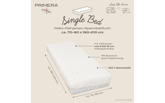 Wit hoeslaken op een matras, pijlen en afmetingen ca. 70–90 × 190–210 cm, zichtbare teksten 'Single Bed', 'Für Matratzen von 8 bis 15 cm', 'Mit Rundum‑Gummispannung', '100% Baumwolle', logo 'PRIMERA TRAVEL' en kleine camper‑ en huis‑iconen met 'sleep like home'