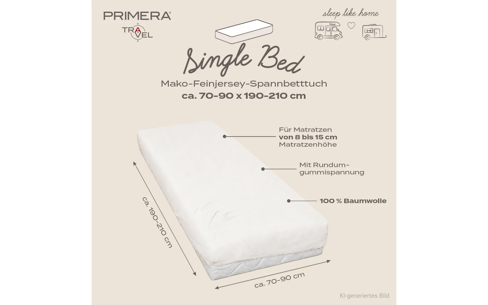 Wit hoeslaken op een matras, pijlen en afmetingen ca. 70–90 × 190–210 cm, zichtbare teksten 'Single Bed', 'Für Matratzen von 8 bis 15 cm', 'Mit Rundum‑Gummispannung', '100% Baumwolle', logo 'PRIMERA TRAVEL' en kleine camper‑ en huis‑iconen met 'sleep like home'