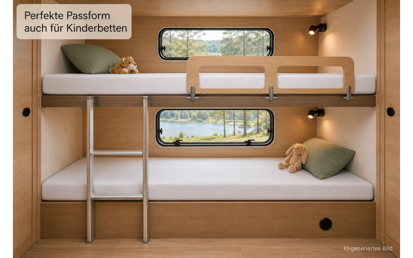 Twee stapelbedden in een licht houten interieur, ladder links, twee rechthoekige ramen met uitzicht op een meer en bomen, kussens en knuffels op de bedden, wandlampen, tekst "Perfekte Passform auch für Kinderbetten"