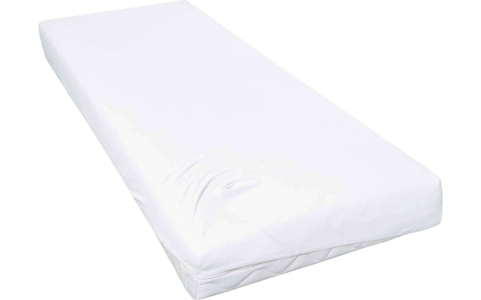 Witte rechthoekige matras met hoeslaken en lichte kreukels