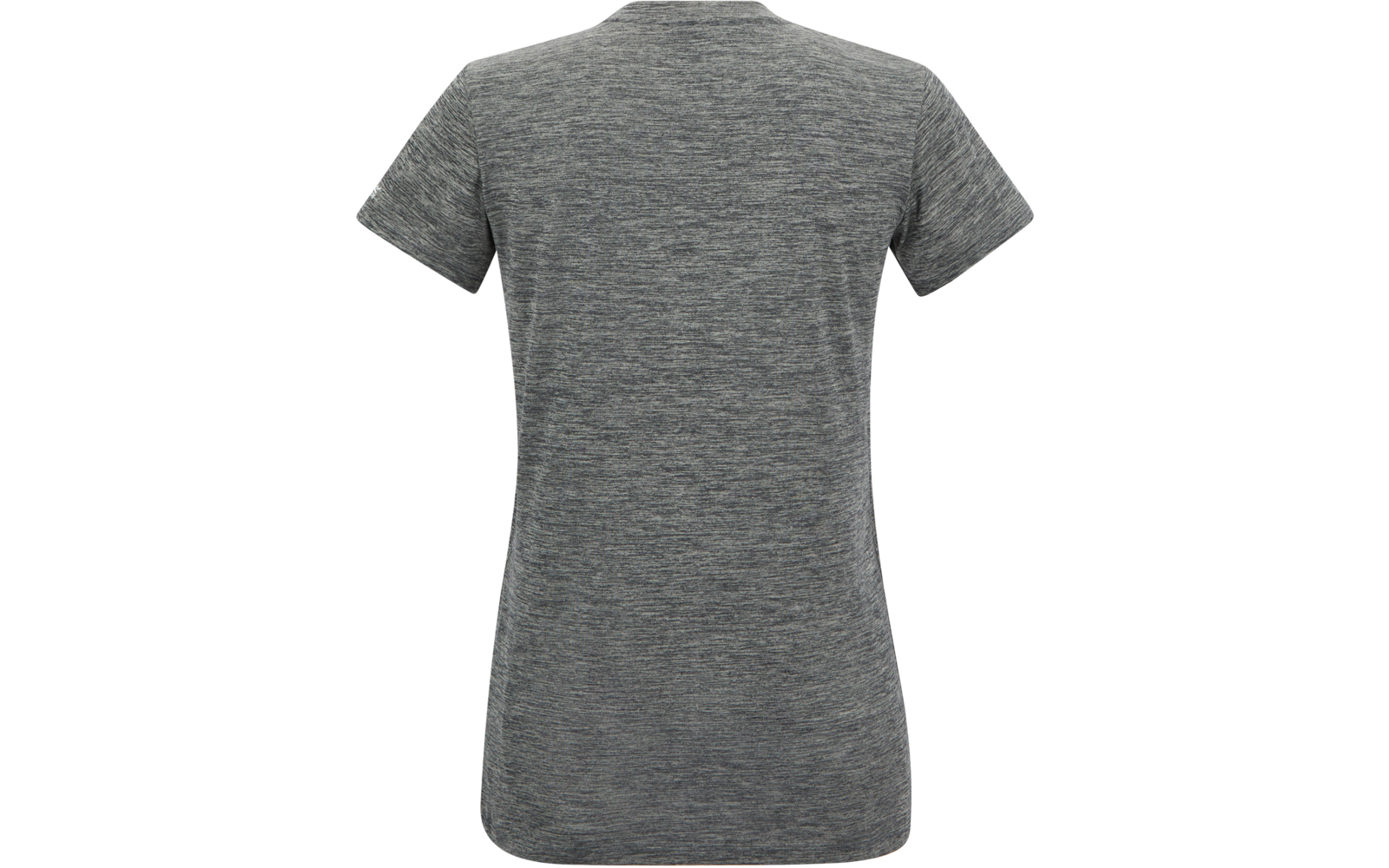 Vue de dos d'un t‑shirt gris chiné à manches courtes et col rond sur fond blanc