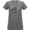 T-shirt femme gris chiné à manches courtes et encolure ronde, poitrine avec un motif circulaire sombre composé de lignes courbes plus claires