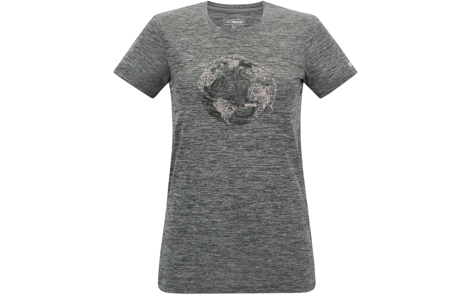T-shirt femme gris chiné à manches courtes et encolure ronde, poitrine avec un motif circulaire sombre composé de lignes courbes plus claires