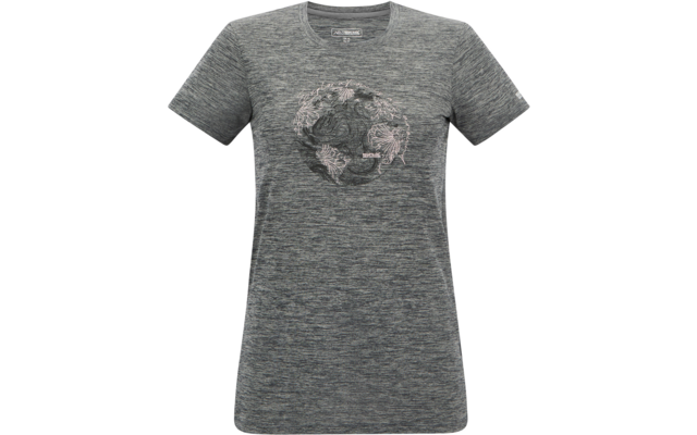 T-shirt femme gris chiné à manches courtes et encolure ronde, poitrine avec un motif circulaire sombre composé de lignes courbes plus claires