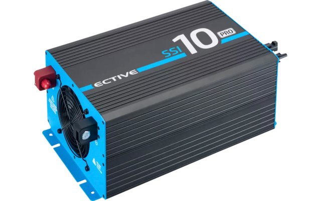 Onduleur noir et bleu avec ventilateur et câbles de connexion