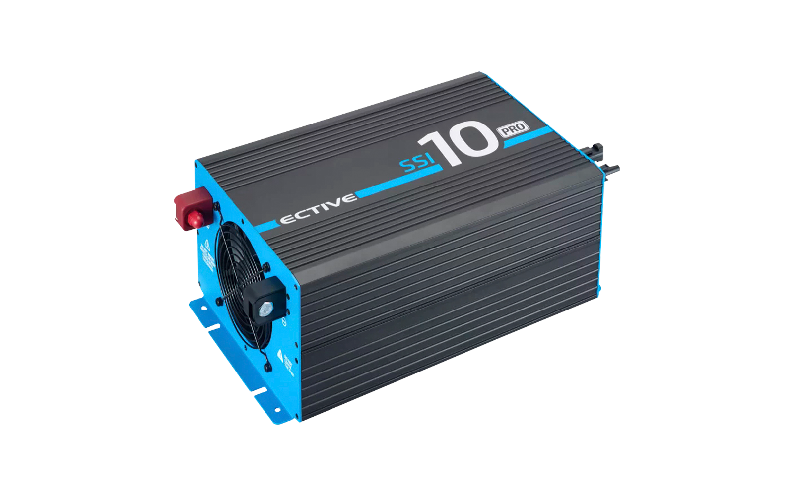 Onduleur noir et bleu avec ventilateur et câbles de connexion