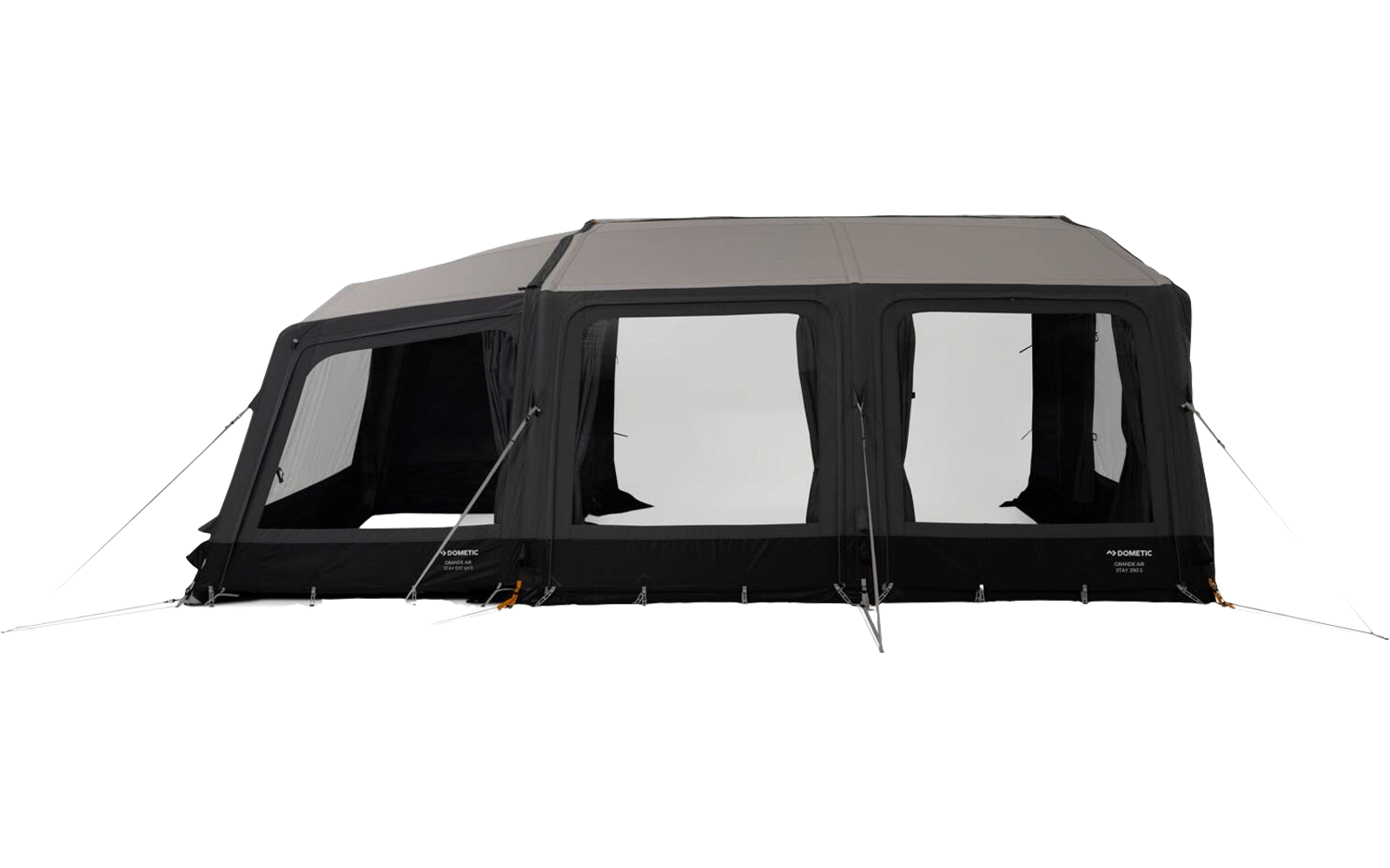 Struttura tenda rettangolare nera con tetto grigio, tre grandi finestre rettangolari trasparenti, ingresso a sinistra e tiranti con tenditori arancioni