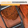 Outil de découpe noir avec plusieurs fils métalliques au-dessus d'une miche sombre partiellement tranchée sur une planche en bois; texte visible : 'LANGLEBIGE SCHNEIDDRÄHTE' et '10 EINZELSPANNUNGEN FÜR PRÄZISEN SCHNITT'