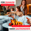 Image divisée : en haut une femme souriante avec deux enfants à un plan de travail de cuisine ; bannières de texte 'FÜR ZUHAUSE' et 'LANGLEBIGE KÜCHENHELFER' ; en bas gros plan d'un plat de légumes rôtis garni par une main ; bannières de texte 'KÜCHENHELFER FÜR DEN DAUEREINSATZ' et 'ODER GASTRONOMIE'