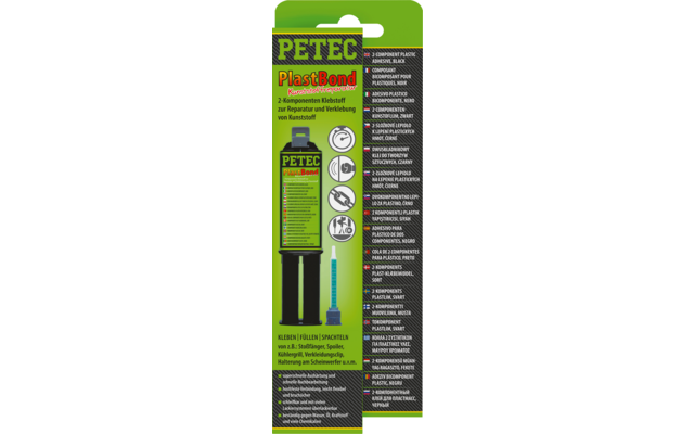 Grüne Produktverpackung mit PETEC-Logo oben, rotem Schriftzug 'PlastBond', Abbildungen einer schwarz/grünen Klebstofftube und eines blauen Mischröhrchens, weißen Piktogrammen und mehrzeiliger Produkttext