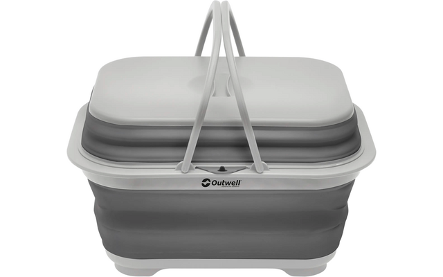 Kompakter, ausziehbarer Faltkorb mit grauem Boden und weißem Deckel, zwei weißen Tragegriffen oben