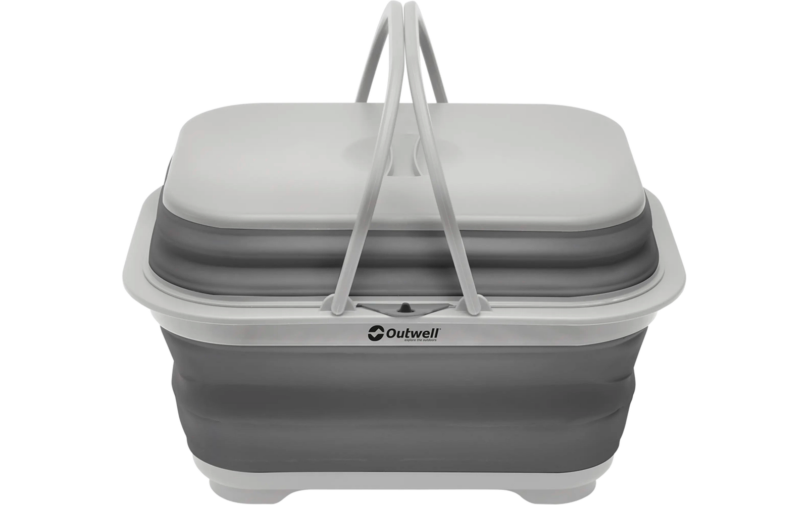 Kompakter, ausziehbarer Faltkorb mit grauem Boden und weißem Deckel, zwei weißen Tragegriffen oben