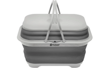 Kompakter, ausziehbarer Faltkorb mit grauem Boden und weißem Deckel, zwei weißen Tragegriffen oben