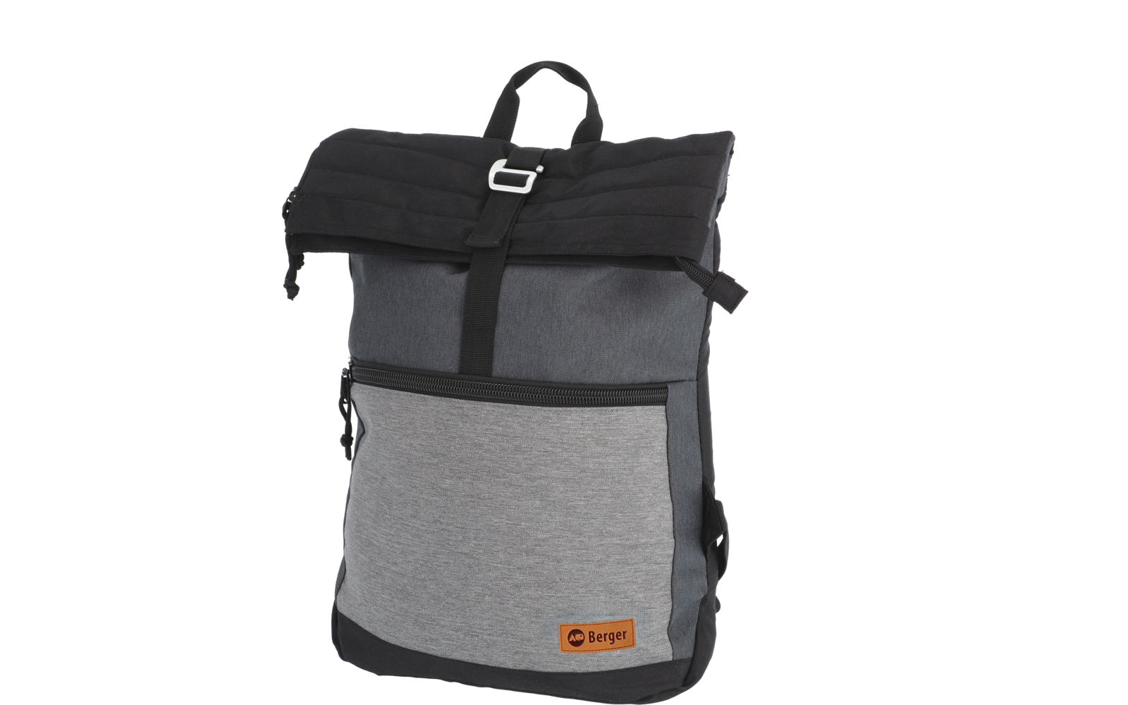 Rucksack in Grau und Schwarz mit einem Frontfach und einem Tragegriff