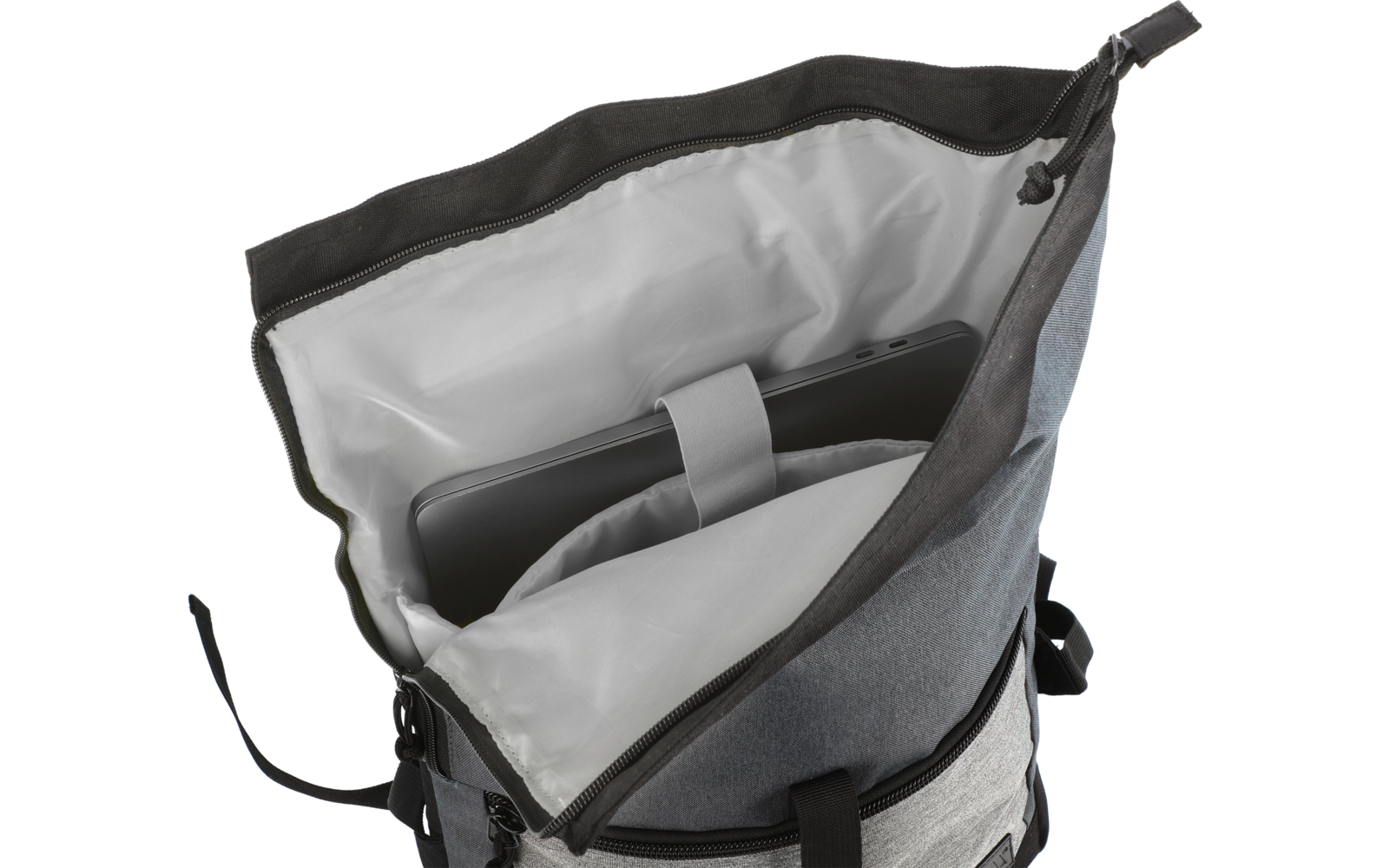 Open gray backpack with inner compartment and padded laptop section