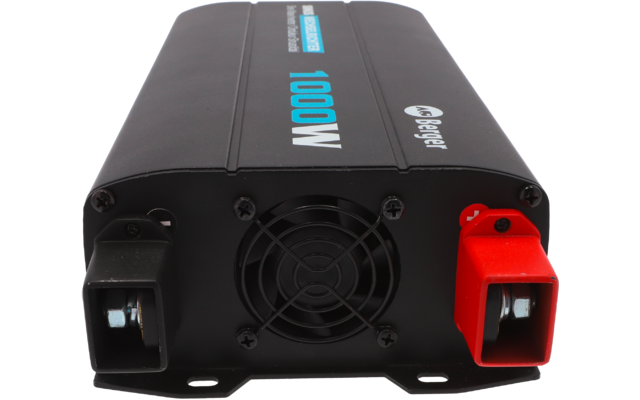 Schwarzes rechteckiges Gerät mit blauer Aufschrift "1000W", mittig runder Lüfter, rechts roter Anschluss, links schwarzer Anschluss