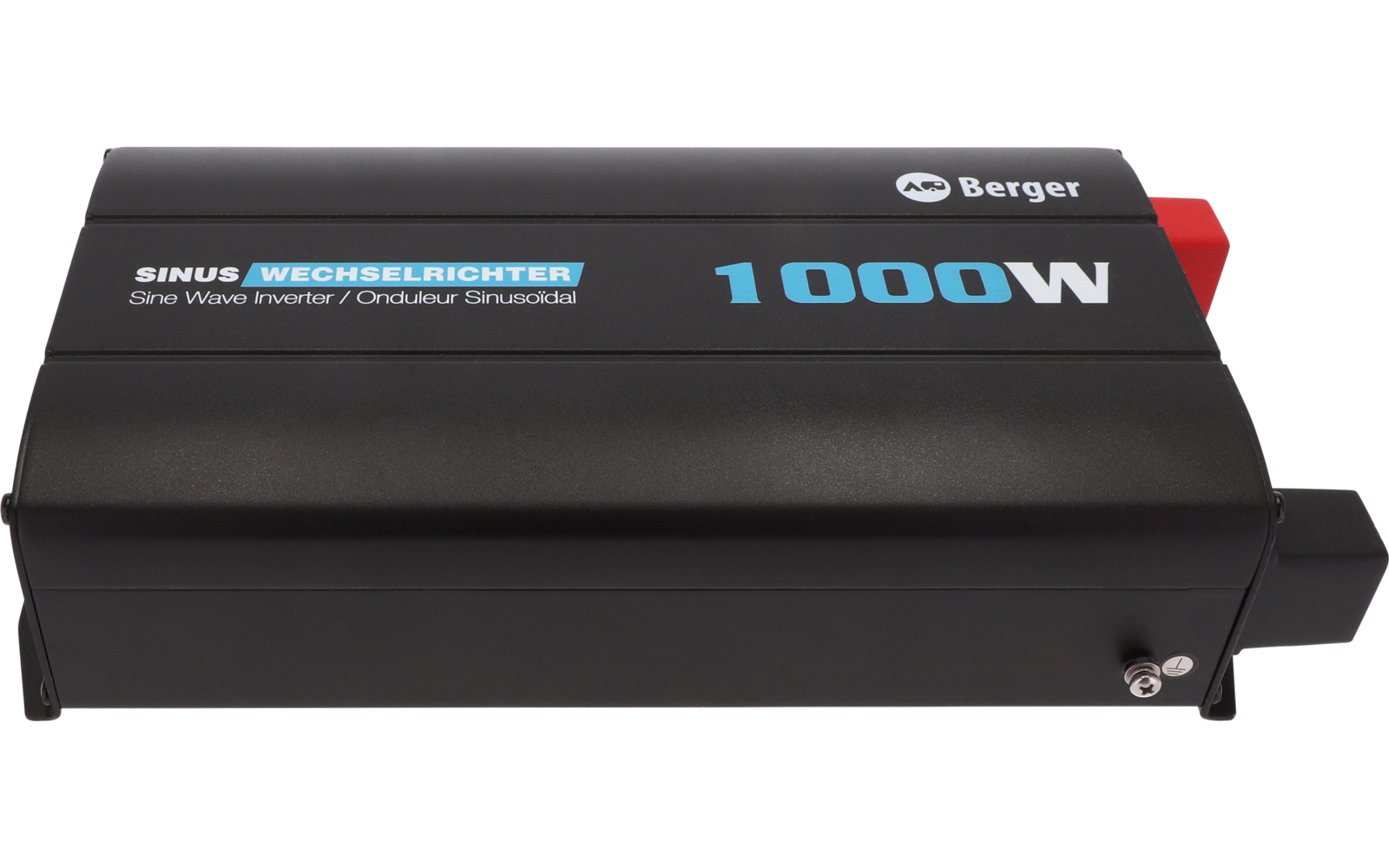 Schwarzes rechteckiges Gerät mit der Aufschrift '1000W', Markenlogo 'Berger' und rotem Anschluss an der rechten Seite