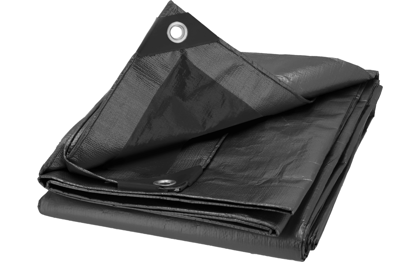 Gefaltetes graues Kunststofftuch mit sichtbarer Metallöse und hochgeklappter, verstärkter Ecke