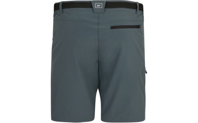 Rückansicht grauer Shorts mit elastischem Bund, Gürtelschlaufen, einer Reißverschlusstasche hinten rechts und einem quadratischen Etikett mittig am Bund