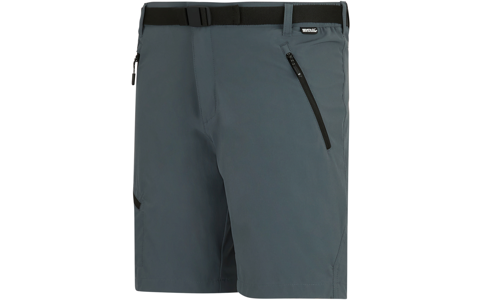Graue kurze Shorts mit schwarzem Bund und angenähtem Gürtel, diagonaler Reißverschlusstasche an der rechten Vorderseite und kleinem schwarzem Logoetikett am Bund