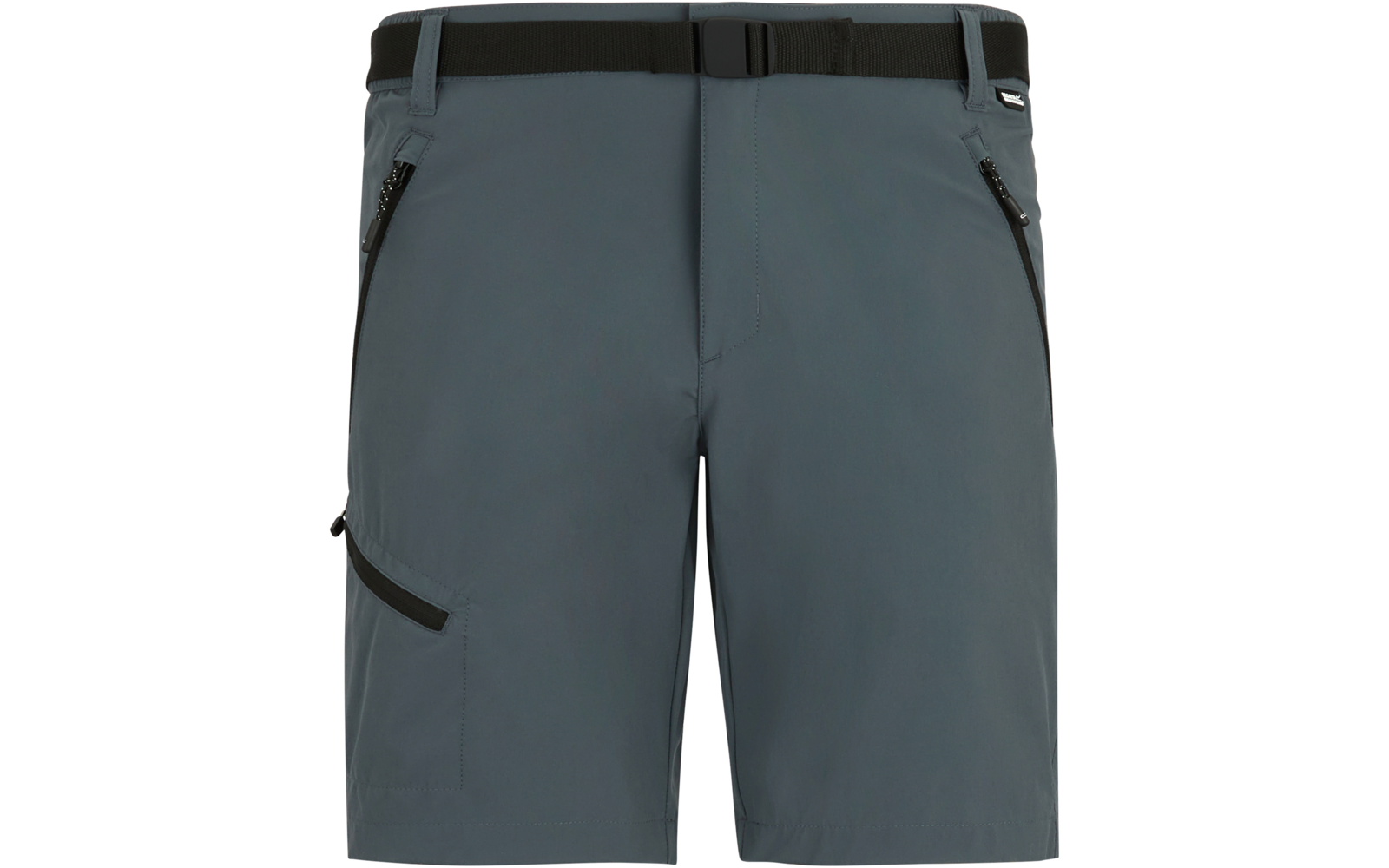 Graue knielange Shorts mit integriertem schwarzem Gürtel und Schnalle, zwei vorderen Reißverschlusstaschen und einer seitlichen Reißverschlusstasche am Oberschenkel