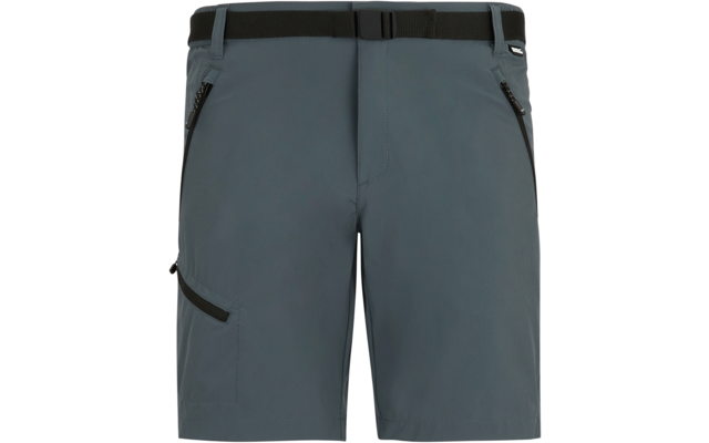 Graue knielange Shorts mit integriertem schwarzem Gürtel und Schnalle, zwei vorderen Reißverschlusstaschen und einer seitlichen Reißverschlusstasche am Oberschenkel